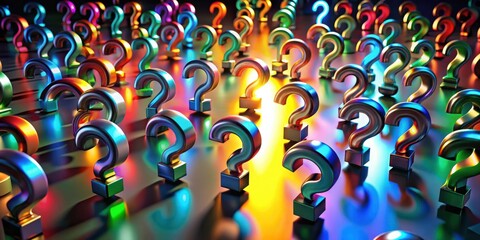 Poster - A Colorful Array of Question Marks Illuminated By Shimmering Lights Reflecting on a Glossy Surface
