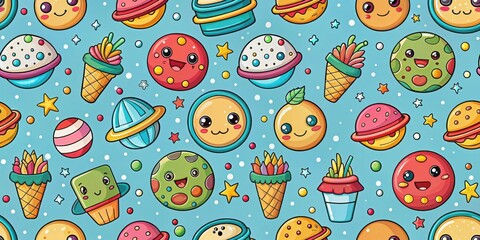 Aufkleber - A cheerful, colorful, and whimsical pattern of planets, stars, and ice cream cones with cute faces, swirling around on a light blue background.