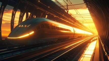 Poster - High-Speed Train at Sunset in Futuristic Tunnel