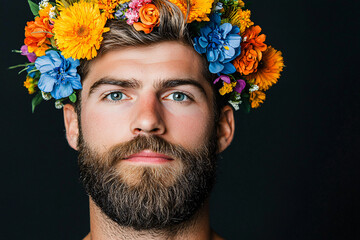 a bearded man with vibrant floral headpiece, modern masculinity