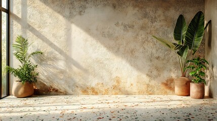 Poster - Vintageinspired terrazzo flooring design with earthy tones of terracotta olive green and cream set against a rustic concrete wall for a warm and inviting atmosphere