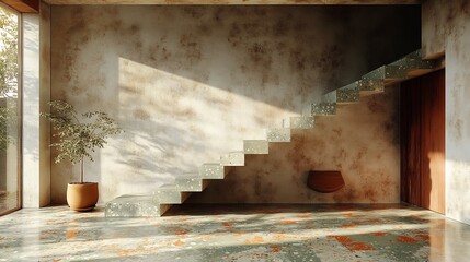 Poster - Vintageinspired terrazzo flooring design with earthy tones of terracotta olive green and cream set against a rustic concrete wall for a warm and inviting atmosphere