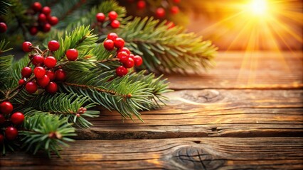 Poster - A Rustic Wooden Surface Adorned with Lush Green Pine Branches and Vibrant Red Berries, Bathed in the Warm Glow of the Setting Sun