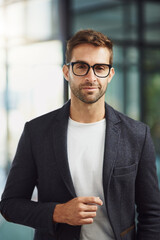 Fototapete - Smile, glasses and portrait of businessman in office with confidence for finance trade career. Happy, pride and stock market expert from Canada for financial capital gain with investment profit