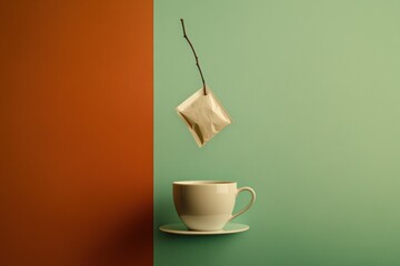 Poster - A tea bag hangs over a white cup, slowly steeping in hot water, set against a colorful, minimalist background that enhances the calm. Generative AI
