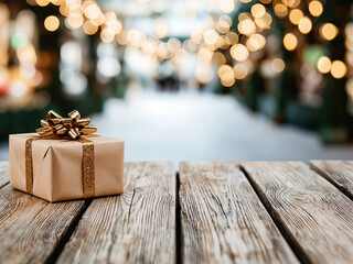 Wrapped christmas gift with golden ribbon lying on a wooden table background with festive lights bokeh