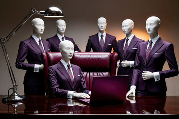 A group of five elegant anthropomorphic business mannequins dressed in tailored business suits behind an executive desk