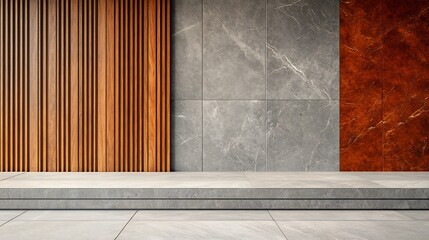 Poster - Visually striking wall featuring bold wooden panels seamlessly blending with sleek marble textures showcasing a unique interplay of materials and colors that creates a contemporary atmosphere