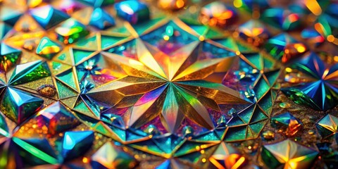 Leinwandbilder - An abstract iridescent pattern of multifaceted geometric shapes with a metallic sheen and a golden shimmer.