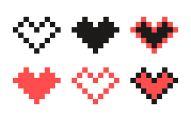 Poster - Vector set of pixel heart icons isolated on a white background. Trendy geometric retro style