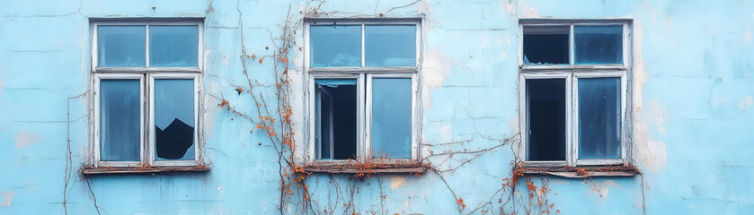 Abandoned building with broken windows and blue walls, showcasing natures reclaim