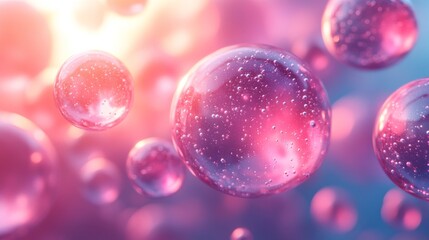 Aufkleber - Bubbles of various sizes float gracefully in a colorful environment filled with soft light, creating an enchanting and whimsical atmosphere that captivates the viewer's imagination.