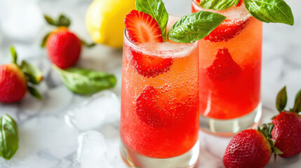 Refreshing strawberry and basil soda with lemon, served in clear glasses on a marble surface with ice and fresh strawberries