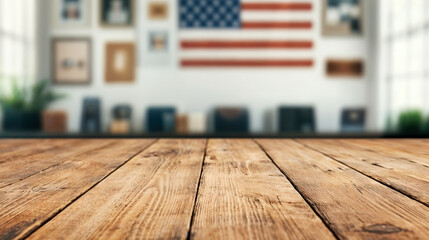 Aufkleber - Empty wooden surface with american flag on blurred background, perfect for displaying products