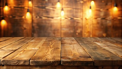 Poster - A rustic wooden table with a blurred backdrop of warm, glowing lights against a weathered wood background.