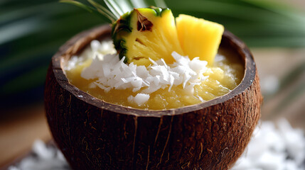 Tropical coconut bowl filled with pineapple smoothie, garnished with shredded coconut and fresh pineapple slice