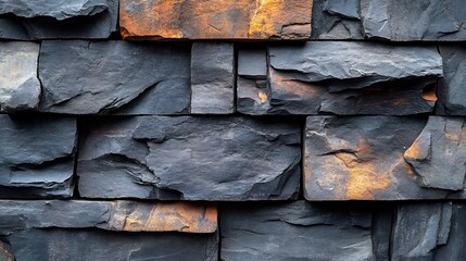 Poster - Weathered stone wall texture with layered stones in deep grays and blacks presenting a dramatic and elegant seamless pattern perfect for contemporary designs