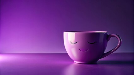 Poster - A single purple mug with a happy face painted on it sits on a purple surface. The mug has its eyes closed and is smiling. The background is a blurry purple gradient.