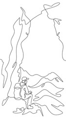 Wall Mural - Continuous one line drawing tourist with a backpack in the mountains. Mountaineering. Rock climbing. High mountains. One continuous line isolated minimal vertical illustration.