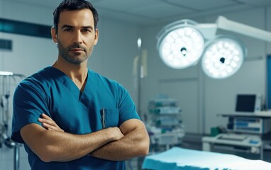 A handsome male doctor stands in an operating room, his arms crossed as he looks directly at the camera. He wears blue scrubs. In front of him, an empty bed awaits a patient.