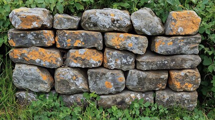 Fototapete - Wellworn stone wall with flat irregular stones in earthy tones each stone fitting together to create a harmonious pattern that exudes heritage and history