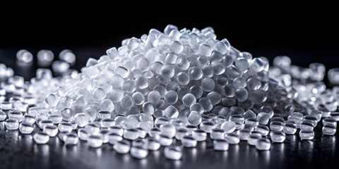 Poster - A pile of translucent plastic granules on a black surface, the light reflecting off their smooth surfaces, showcasing the beauty of raw materials