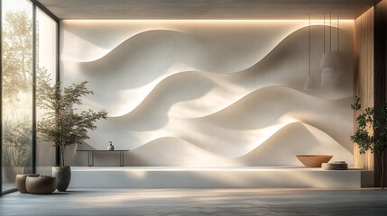 Poster - White tech wall with organic fluid patterns and subtle light reflections resembling an advanced digital surface suitable for avantgarde interior settings