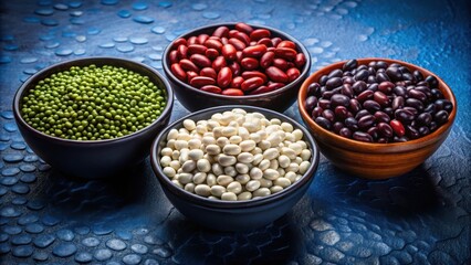 Aufkleber - A vibrant assortment of beans displayed in ceramic and wooden bowls, showcasing various hues of green, white, red, and black.