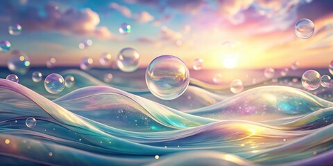 Poster - A symphony of iridescent bubbles dances on a wave of shimmering water, illuminated by the soft glow of a setting sun.