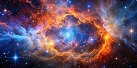 Wall Mural - a cosmic swirl of orange and blue nebulae with sparkling stars scattered across the canvas.