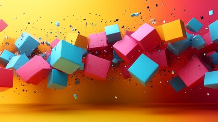 Fototapete - A vibrant display of 3D cubes, in shades of blue, pink, and orange, appears to be exploding in dynamic motion against a warm orange and red backdrop, creating an energetic atmosphere.