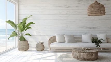 Poster - Whitewashed shiplap panelled wall background with subtle wood grain details creating a coastal airy atmosphere perfect for beachinspired interiors with a clean fresh aesthetic