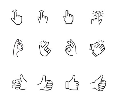 Hand vector icon set. Each icon perfect for your design. Easy shows clear instruction of use. The outline icons are well scalable and editable. EPS10.