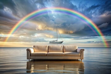 Boat under rainbow above contemporary sofa