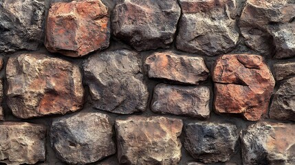 Poster - Ancient stone wall pattern showcasing large irregular stones in warm reddishbrown hues seamlessly blending for a rustic feel reminiscent of historical English architecture