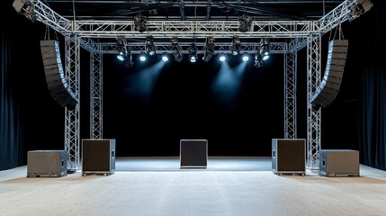 Modern concert stage setup with professional lighting and sound equipment, ready for an exciting musical performance.