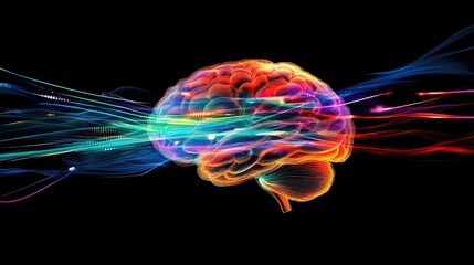 Poster - colorful brain with digital waves and light effects