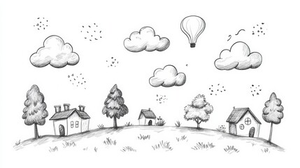 Poster - Delightful doodles featuring charming houses, fluffy clouds, trees, and a hot air balloon create a lighthearted scene on paper. Generative AI