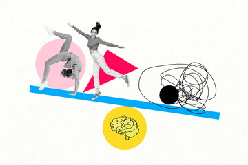 Poster - Creative collage picture young woman drawing doodles balance weight platform brainstorming idea think thought exercise gymnast