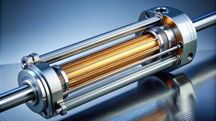 Poster - A close-up view of a complex mechanical system featuring a metallic rod, intricate gears, and a glossy, golden cylinder, all against a blue metallic backdrop.