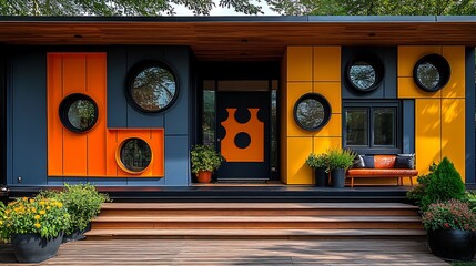 Poster - Artistic front door featuring vibrant colors and unique shapes framed by a modern porch making a bold statement that captures the essence of the apartment's style before entering