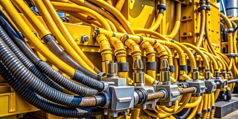 Poster - A close-up view of industrial machinery, showcasing a complex network of yellow hydraulic hoses and silver connectors, highlighting the intricate details of heavy-duty equipment