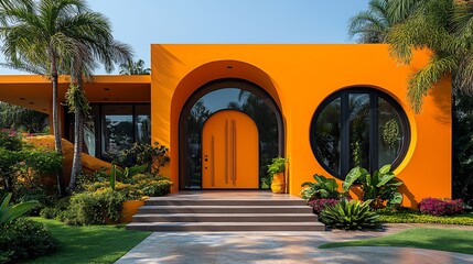 Poster - Artistic front door featuring vibrant colors and unique shapes framed by a modern porch making a bold statement that captures the essence of the apartment's style before entering