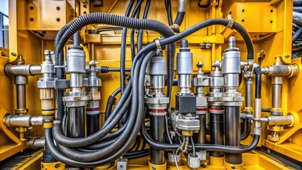 Poster - A close-up view of a complex hydraulic system with interconnected hoses, valves, and cylinders, showcasing the intricate workings of heavy machinery
