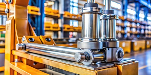 Poster - Closeup of a Shiny Metal Roller System with a Yellow Frame in an Industrial Setting