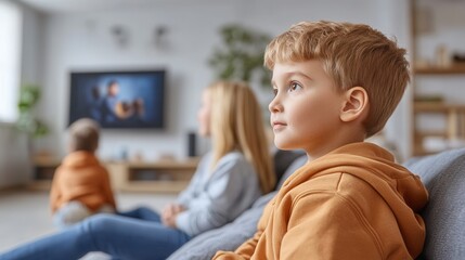 A young boy attentively watches a family movie alongside a woman and a toddler in a bright, modern living room. The cozy atmosphere is enhanced by soft furnishings and natural light coming through win