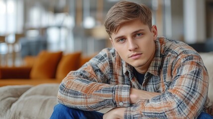 A young man with short hair sits comfortably on a couch, looking directly at the camera. He is dressed in a checkered shirt, surrounded by a warm and inviting indoor atmosphere filled with soft furnis