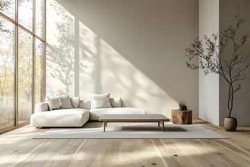 Minimalist, a modern Scandinavian interior with a sofa and table in a living room with large windows. Generative AI
