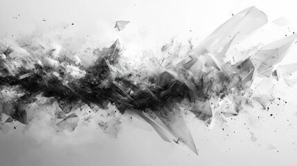 Poster - The artwork showcases a blend of abstract forms in black and white, with sharp fragmented shapes and flowing lines, conveying a sense of movement and depth.