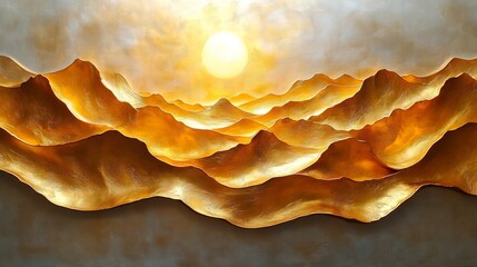 Poster - Artistic series of golden wall pieces featuring bold wave lines gradient effects and shimmering gold foil forming a luxurious collection perfect for adding elegance to any space